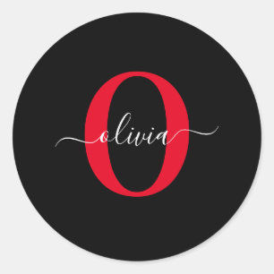 Personalized Monogram Script Name Black White Red Classic Round Sticker