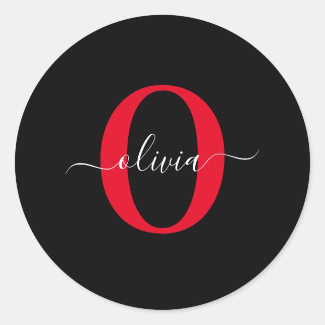 Personalized Monogram Script Name Black White Red Classic Round Sticker (Front)