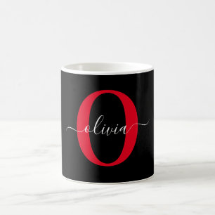 Personalized Monogram Script Name Black White Red Coffee Mug