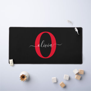 Personalized Monogram Script Name Black White Red Desk Mat