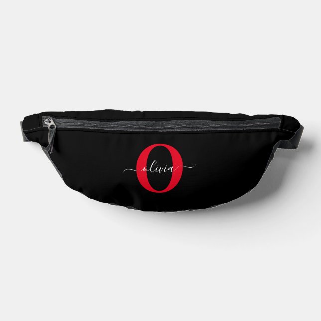 Personalized Monogram Script Name Black White Red Fanny Pack (Lay Down)
