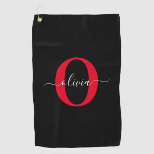 Personalized Monogram Script Name Black White Red Golf Towel
