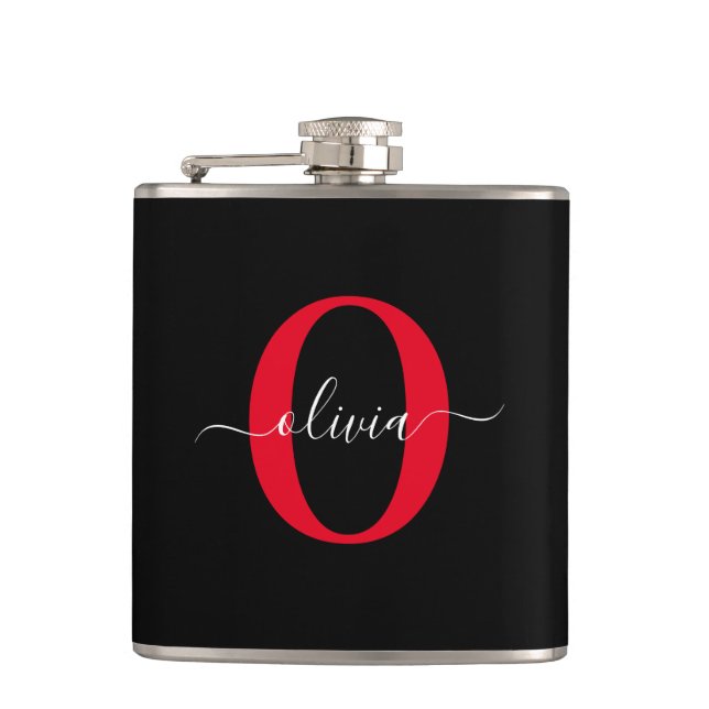 Personalized Monogram Script Name Black White Red Hip Flask (Front)