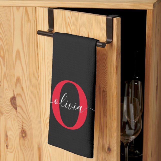 Personalized Monogram Script Name Black White Red Kitchen Towel (Thirds Fold)