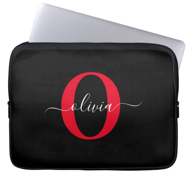 Personalized Monogram Script Name Black White Red Laptop Sleeve (Front)