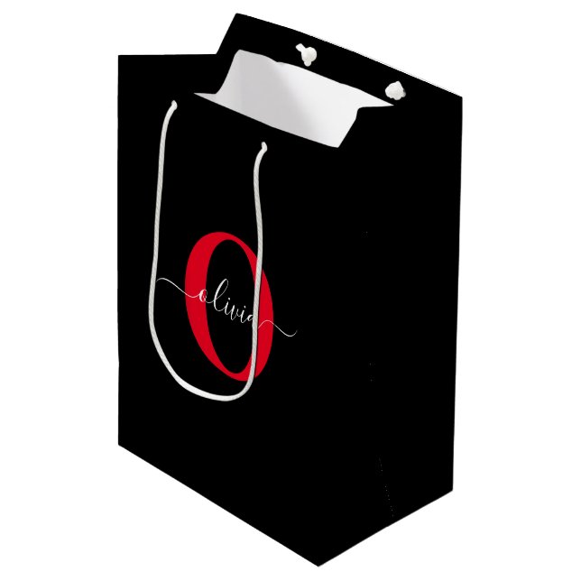 Personalized Monogram Script Name Black White Red Medium Gift Bag (Front Angled)