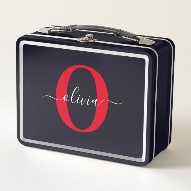 Personalized Monogram Script Name Black White Red Metal Lunch Box (Front)
