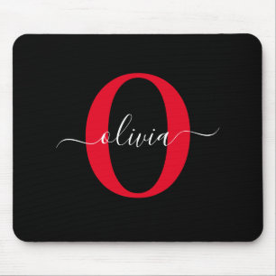 Personalized Monogram Script Name Black White Red Mouse Pad