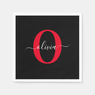 Personalized Monogram Script Name Black White Red Napkin