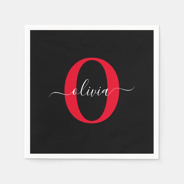 Personalized Monogram Script Name Black White Red Napkin (Front)