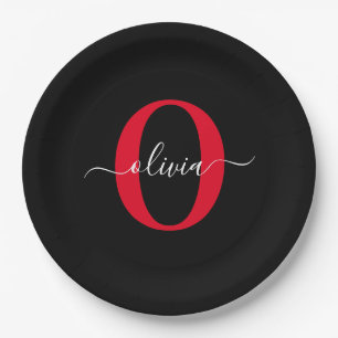 Personalized Monogram Script Name Black White Red Paper Plate