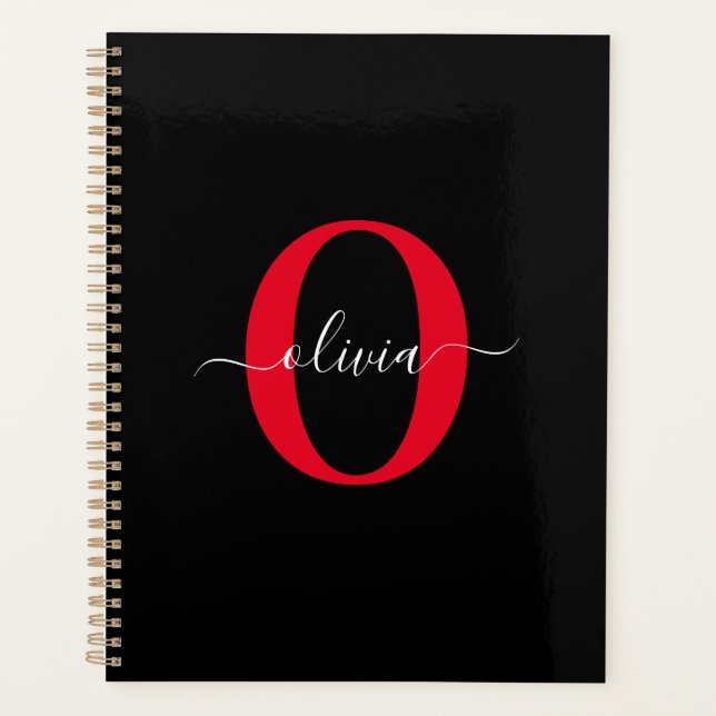 Personalized Monogram Script Name Black White Red Planner (Front)