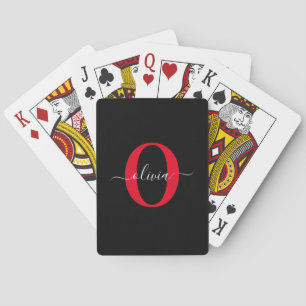 Personalized Monogram Script Name Black White Red Playing Cards