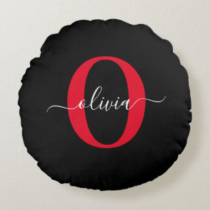 Personalized Monogram Script Name Black White Red Round Pillow