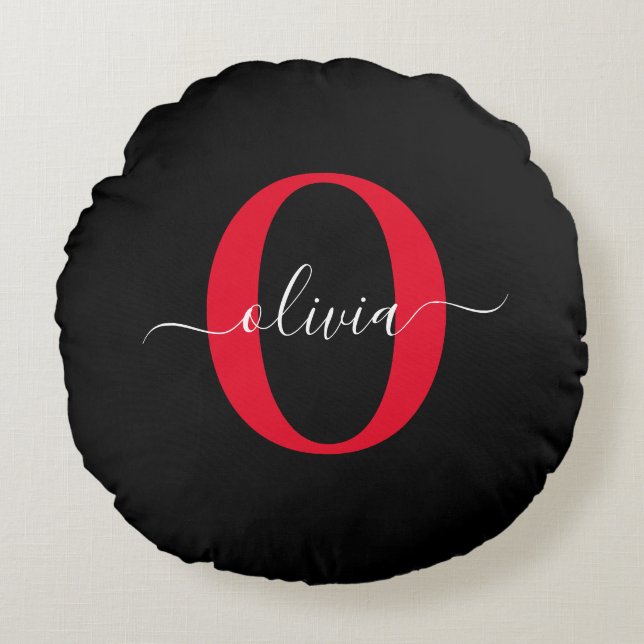 Personalized Monogram Script Name Black White Red Round Pillow (Front)