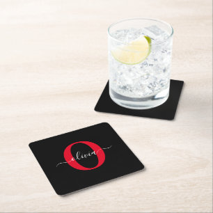 Personalized Monogram Script Name Black White Red Square Paper Coaster