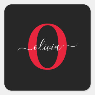 Personalized Monogram Script Name Black White Red Square Sticker
