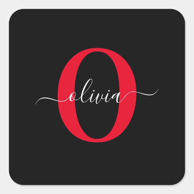 Personalized Monogram Script Name Black White Red Square Sticker (Front)