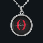Personalized Monogram Script Name Black White Red Sterling Silver Necklace<br><div class="desc">This elegant monogram and stylish script name design can be given as a gift for a birthday, wedding, bridal shower, anniversary, Mother's Day or any occasion. It can be personalized with the person's initial and name. You can change the font, font colour, font size and background colour using the Design...</div>