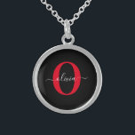 Personalized Monogram Script Name Black White Red Sterling Silver Necklace<br><div class="desc">This elegant monogram and stylish script name design can be given as a gift for a birthday, wedding, bridal shower, anniversary, Mother's Day or any occasion. It can be personalized with the person's initial and name. You can change the font, font colour, font size and background colour using the Design...</div>
