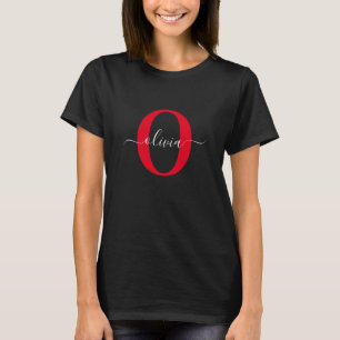 Personalized Monogram Script Name Black White Red T-Shirt