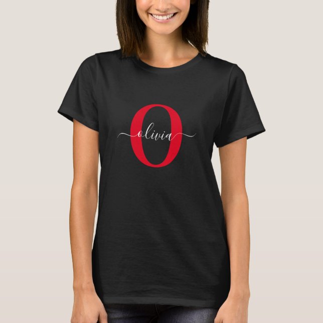 Personalized Monogram Script Name Black White Red T-Shirt (Front)