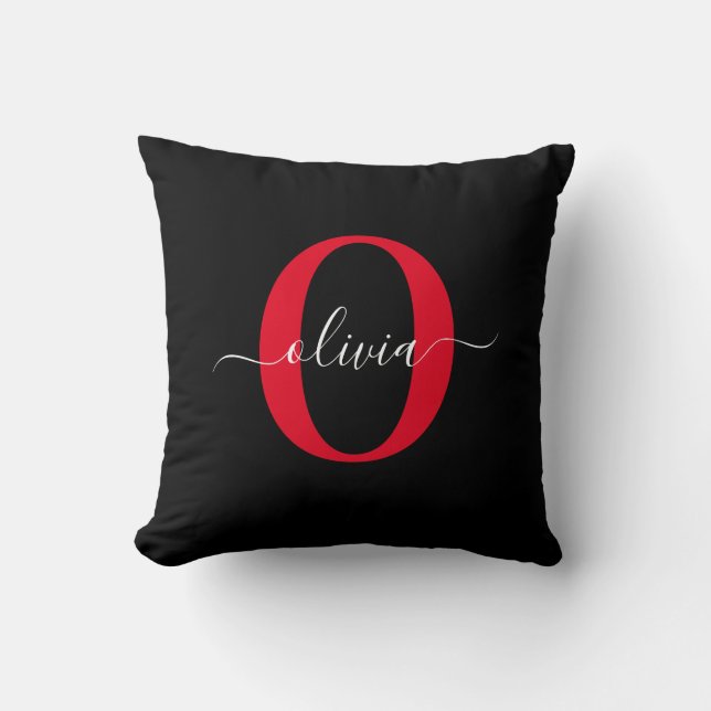 Personalized Monogram Script Name Black White Red Throw Pillow (Front)