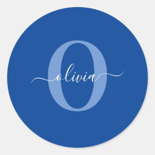 Personalized Monogram Script Name Blue White Classic Round Sticker