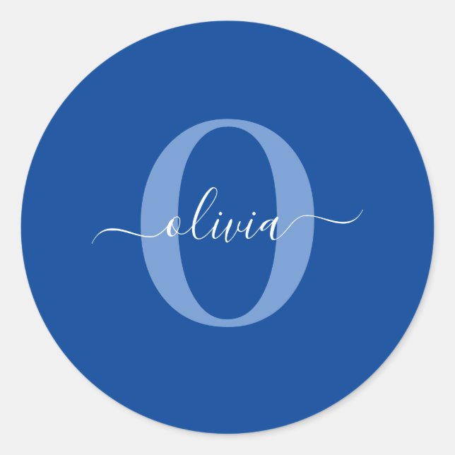 Personalized Monogram Script Name Blue White Classic Round Sticker (Front)
