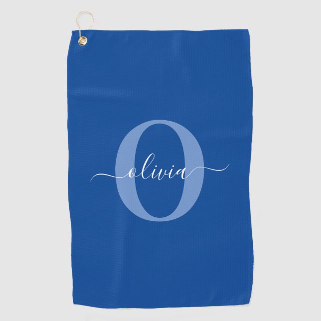 Personalized Monogram Script Name Blue White Golf Towel (Front)