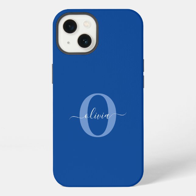Personalized Monogram Script Name Blue White iPhone Case (Back)
