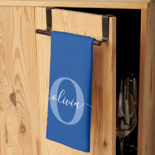 Personalized Monogram Script Name Blue White Kitchen Towel