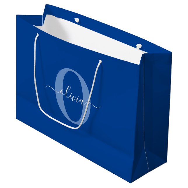 Personalized Monogram Script Name Blue White Large Gift Bag (Front Angled)