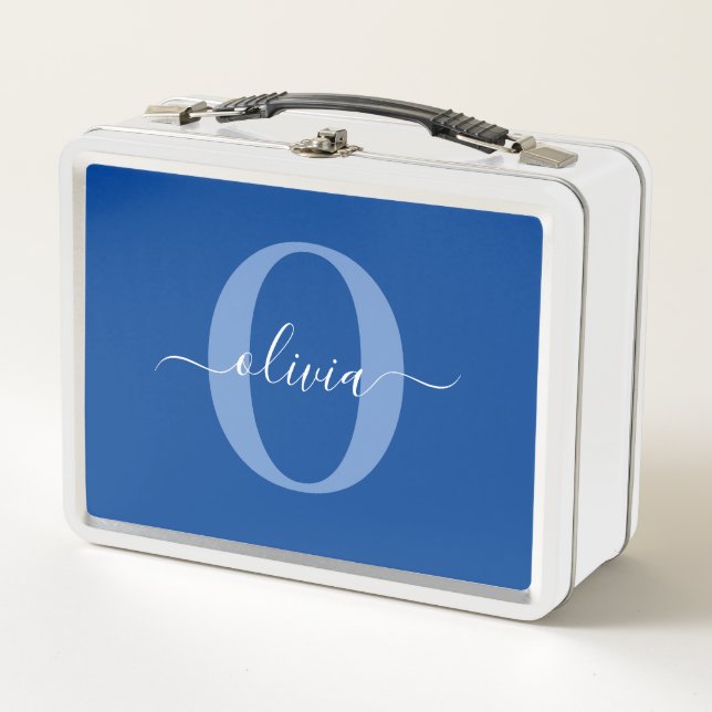 Personalized Monogram Script Name Blue White Metal Lunch Box (Front)