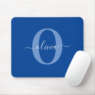 Personalized Monogram Script Name Blue White Mouse Pad