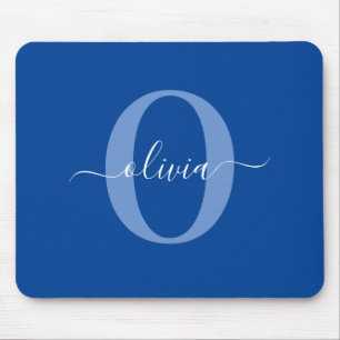 Personalized Monogram Script Name Blue White Mouse Pad