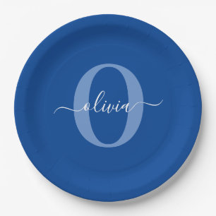 Personalized Monogram Script Name Blue White Paper Plate