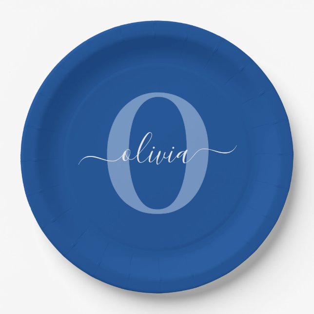 Personalized Monogram Script Name Blue White Paper Plate (Front)