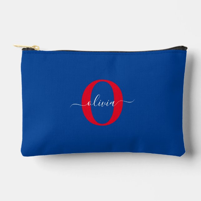 Personalized Monogram Script Name Blue White Red Accessory Pouch (Front)