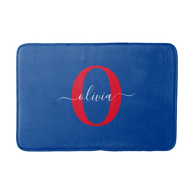 Personalized Monogram Script Name Blue White Red Bath Mat (Front)