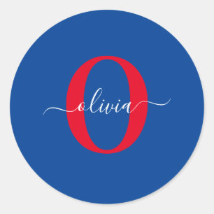 Personalized Monogram Script Name Blue White Red Classic Round Sticker