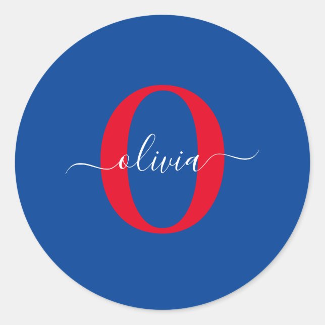 Personalized Monogram Script Name Blue White Red Classic Round Sticker (Front)