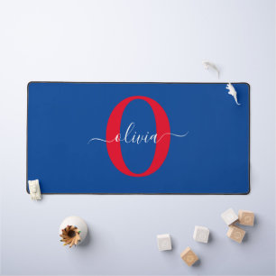 Personalized Monogram Script Name Blue White Red Desk Mat