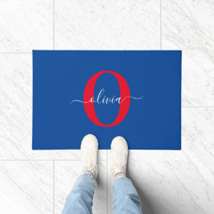 Personalized Monogram Script Name Blue White Red Doormat