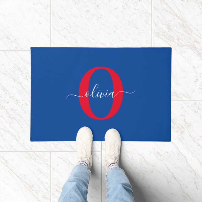 Personalized Monogram Script Name Blue White Red Doormat (Indoor)