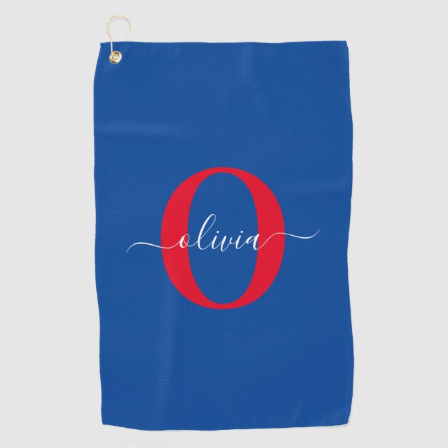 Personalized Monogram Script Name Blue White Red Golf Towel (Front)