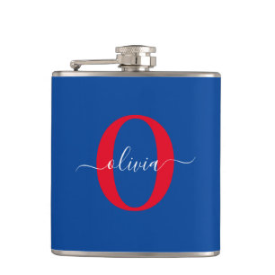 Personalized Monogram Script Name Blue White Red Hip Flask