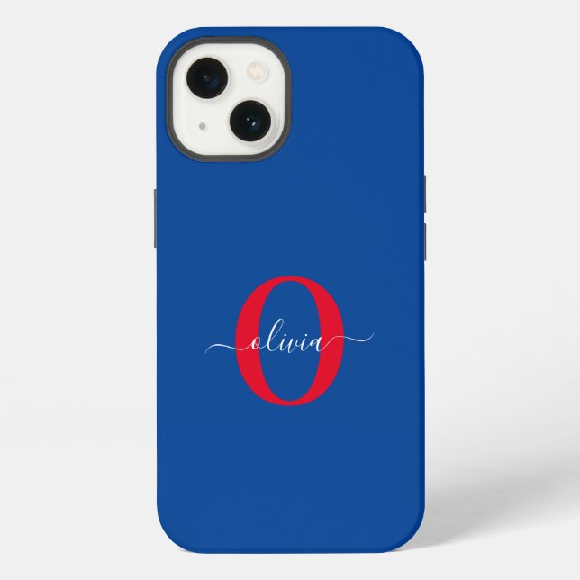 Personalized Monogram Script Name Blue White Red iPhone Case (Back)