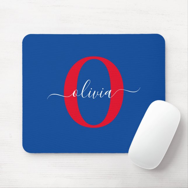Personalized Monogram Script Name Blue White Red Mouse Pad (With Mouse)