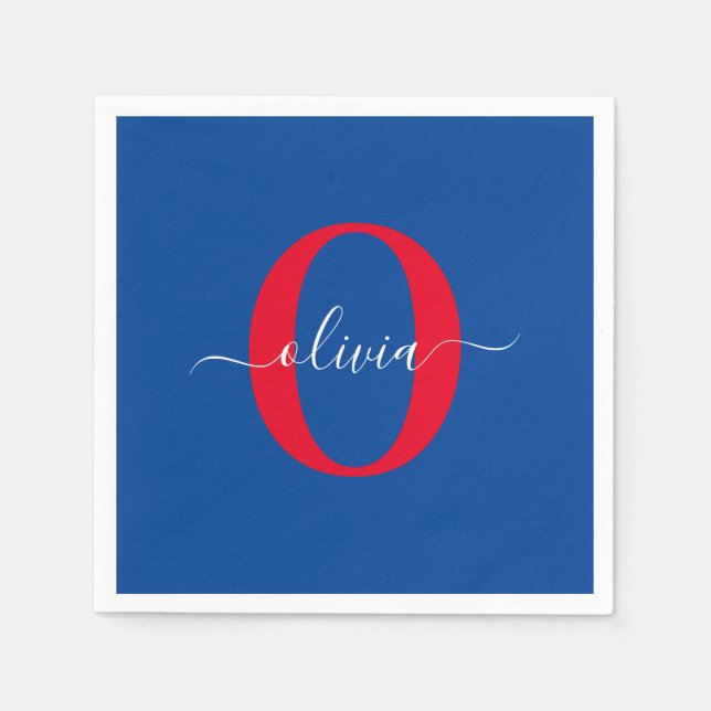 Personalized Monogram Script Name Blue White Red Napkin (Front)